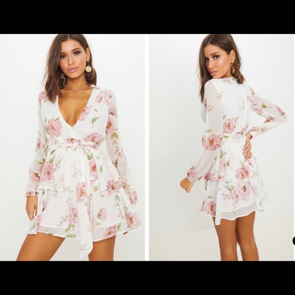 White Floral Chiffon Double Tier Plunge Dress 🎀 - Picture 4 of 5
